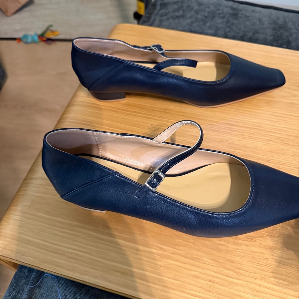 C.Paravano Womens Navy Blue Square Pointed Toe Mary Jane Low Block Heel Pumps 38 - Picture 6 of 7